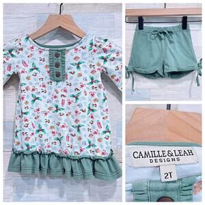Camille & Leah Christmas Ruffle 2 Piece Set Green Mistletoe Toddler Girl 2T
